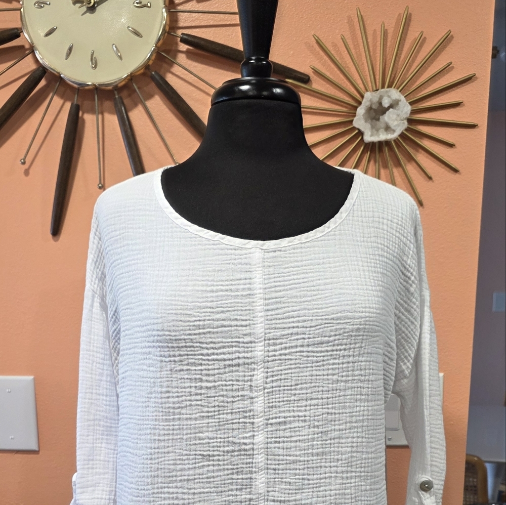 CMC By Color Me Cotton Medium White 3/4 Sleeve Relaxed Blouse Gauze Top - Picture 3 of 9
